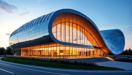 A modern office building with curved lines and large windows is situated on the side of a road at dusk.