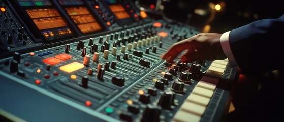 A hand deftly balances the controls on an audio mixing console, bringing music to life with precision and flair.