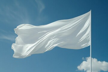 Elegant White Flag Waving in the Breeze Against Blue Sky Background