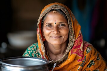 Indian woman smiling and holding a metal pot in a rural village
