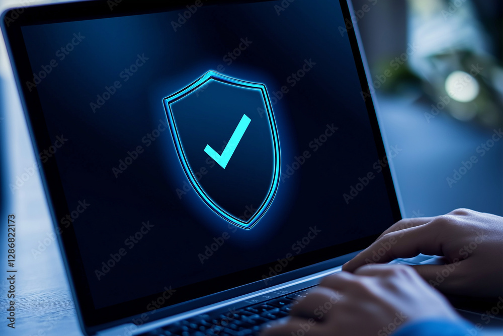 Aufkleber Programmer ensuring data security with checked shield icon on laptop