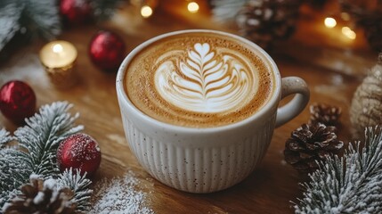A Festive Coffee Cup With Latte Art And Decorations