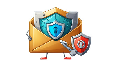 Obraz premium Cartoon mail with shield, unlock encrypted email