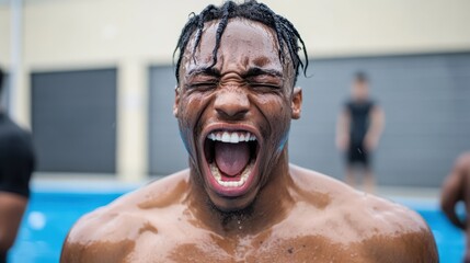 A triumphant, sweaty athlete exuberantly celebrates a personal achievement, exuding raw determination and elated victory.