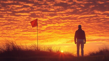 Man Watching Golf Course Sunset with Red Flag Waving Peacefully