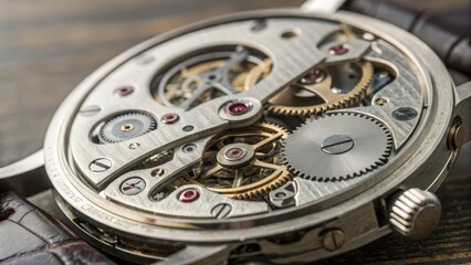 Close-up of Mechanical Watch Movement Intricate Gears and Components, Vintage Timepiece, Watch Mechanism, Luxury Watch Watchmaking, Mechanical Watch