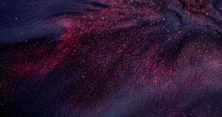 Mystical liquid. Glitter flood. Dark pink black purple acrylic paint art flow abstract colorful background sparkling powder particles.