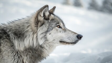 Obraz premium Grey Wolf Profile in Winter, Close-up, Wildlife Photography, Canis Lupus, Snow Landscape Wolf, Portrait