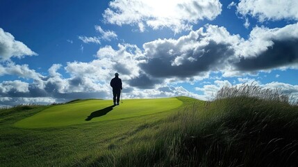 Golfer Walking on Green Course Under Cloudy Blue Sky Landscape