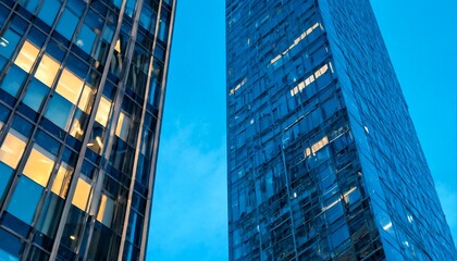Fototapeta premium the windows of two skyscrapers reflect the light of dusk.