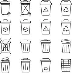 Waste Management and Recycling Icons, Trash Bins, Disposal, and Sustainability Symbols.
