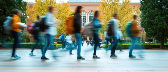 Crowd of students walking through a college campus, motion blur