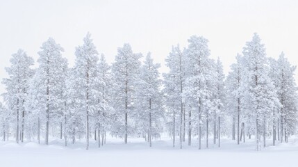 Fototapeta premium Snowy forest in Lapland, a serene winter wonderland of tranquility and purity. 