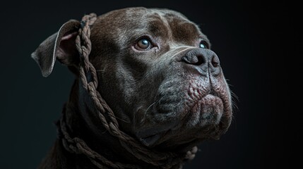 Close-up studio dog portrait, dark background. Possible use Pet adoption advertisement