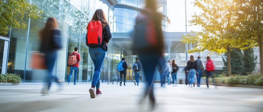 Crowd of students walking through a college campus, motion blur