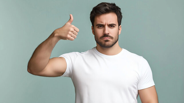 Uncertain man showing thumbs up with unconvincing expression