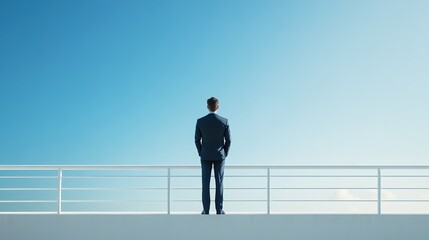 Obraz premium A Man in a Suit Standing with His Back to the Camera, by a White Railing, Gazing at the Blue Sky