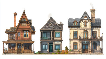 Fototapeta premium Urban retro colonial style building cartoon vector illustration. Old wooden residential and government buildings, Victorian houses isolated on white background