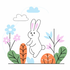 Cute Easter Bunny in Spring Meadow - Pastel Colors.