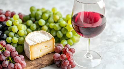 Red wine, cheese, grapes on table.  Food pairing, culinary image