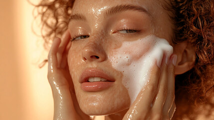 Close-up of a woman cleansing her face with foam, highlighting skincare routine, facial treatment, and self-care, symbolizing cleanliness, freshness, and beauty.