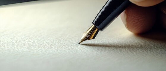 A pen gently touches creamy paper, signifying the beginning of a fresh, unwritten story amidst timeless creativity.