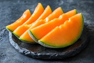 Freshly Sliced Melon Segments on Dark Slate Surface