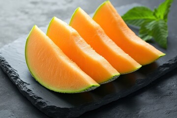Freshly Sliced Cantaloupe Melon on Slate Background with Mint Leaf