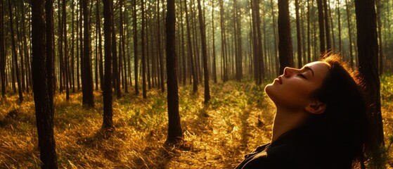 A serene figure basks in golden forest light, eyes closed, connecting profoundly with the natural world through personal contemplation.