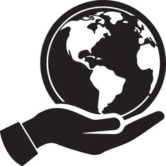 a globe holding hand silhouette, black and white silhouette, vector and illustration