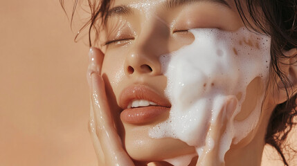Close-up of a woman with foam on her face, cleansing her skin, symbolizing beauty, freshness, and self-care with a focus on skincare routine and healthy glowing skin.