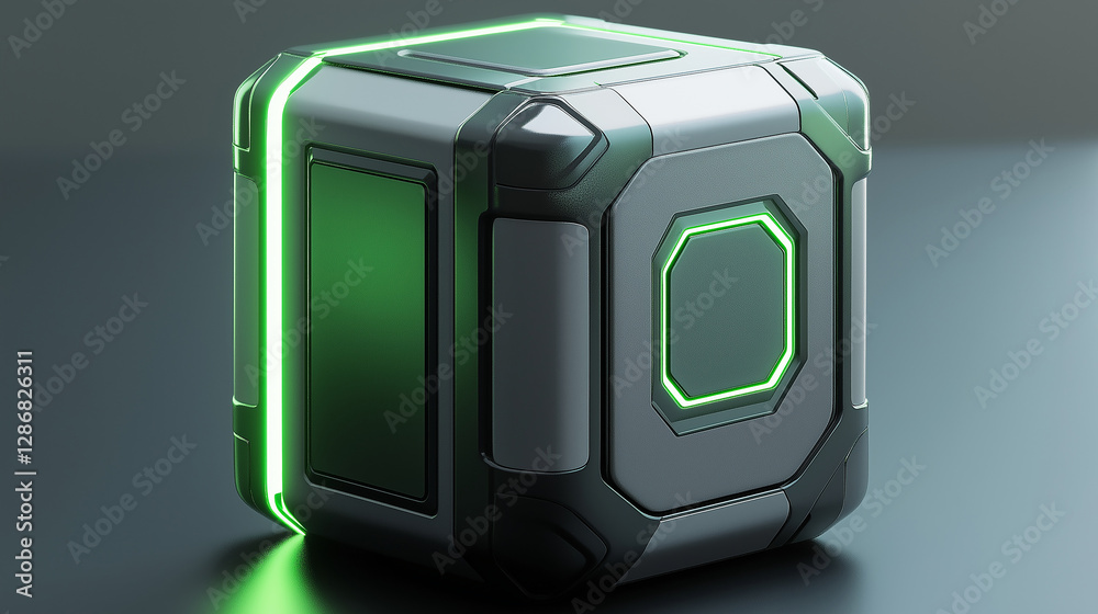 Poster futuristic glowing cube emitting green light is standing on a dark gray background