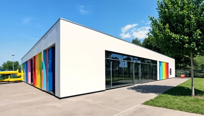 Fototapeta premium The image features two photographs of a white building with glass walls and a vibrant rainbow-colored mural on its exterior.