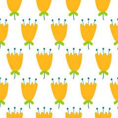 Colorful floral pattern featuring yellow flowers and green leaves on a white background suitable for fabric design