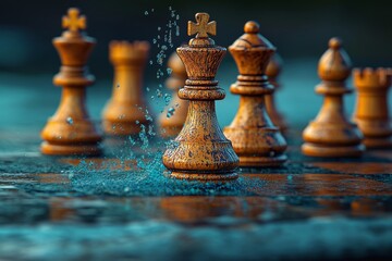 Fototapeta premium An abstract representation of a chessboard with abstract chess pieces in battle, conveying themes of competition, triumph, and strategic planning
