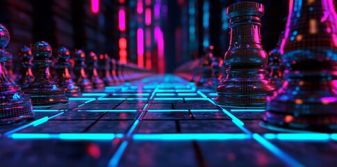 Business ideas for innovation planning and planning ideas are rooted in the concept of strategy, as seen in a chess competition featuring futuristic graphic icons and a gold chess board game against