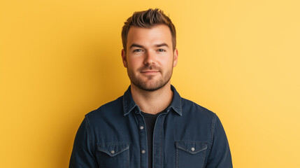 Obraz premium Portrait of a Confident Caucasian Man in His Mid-30s with a Slight Smile, Standing Against a Solid Mustard Yellow Background