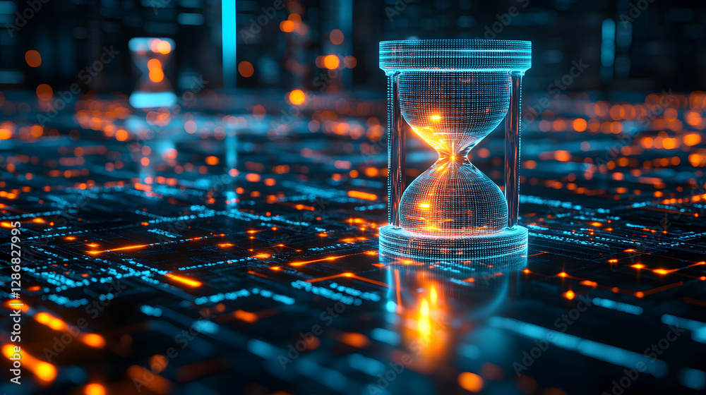 Poster hourglass on a computer keyboard with abstract elements in a surreal setting