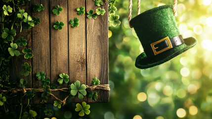 A St. Patrick's Day green leprechaun hat hanging on a wooden sign, surrounded by clovers,...