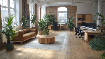 A contemporary office with an open-plan layout, light wood furniture, and a central area decorated with plants