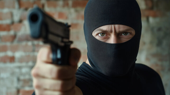 Masked criminal pointing gun threatening violence