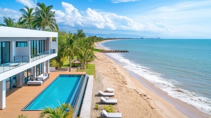 Fototapeta premium Luxury Beachfront Villa with Pool and Ocean View on Sunny Day