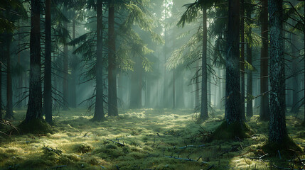 A dense pine forest with tall trees, soft light filtering through, and a carpet of fallen needles in
