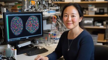A smiling scientist sits at a desk, analyzing intricate colorful brain scans on a computer, surrounded by high-tech lab components depicting research innovation.