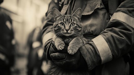 Fototapeta premium Firefighter rescuing cat after house fire intervention. Fireman holding rescued cat after intervening in a house fire, showing care and compassion. Vintage photo.