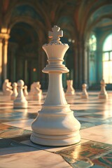 Fototapeta premium The arrangement of white chess pieces on a chessboard symbolizes the notion of board games and the cultivation of logical reasoning
