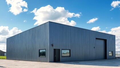 A large gray warehouse with two windows and one door sits under a blue sky with white clouds.