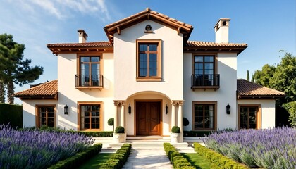 Fototapeta premium Spanish style house with white exterior and brown trim.