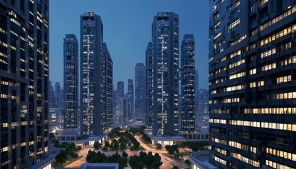 Naklejka premium A nighttime photograph of multiple skyscrapers.