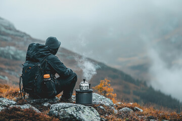 Obraz premium Person sitting on a rock with a backpack and a cup enjoying nature outdoors in a serene environment